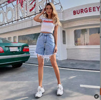SpringSummer Slimming Raw-Edge Wide-Leg Denim Shorts