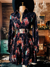 Western Cowboy-Style Printed Long-Sleeve Dress