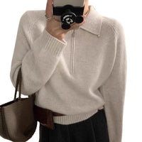 Lapel Half Zipper Solid Color Sweater For Women Loose Pullover
