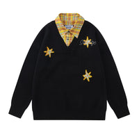 Retro Plaid Patchwork Mock Two-Piece Letter And Star Embroidered Sweater