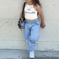 Children's Two-piece Suit With Ripped Jeans And Vest