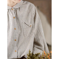 Retro Cotton Linen Long Sleeve Blouse Striped Brushed Original Art