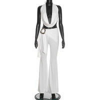Crop-top Metal-buckle Bow-tie Flare Pants Set
