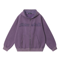 Embroidered Letters Washed And Worn Fleece Cardigan Sweatshirt
