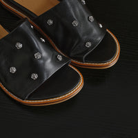 Women's Premium Full Grain Leather Studded Slide Sandals, Open Toe Flat Mules