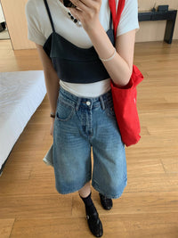 Retro High Waist Denim Water Blue Fifth Wide-leg Pants