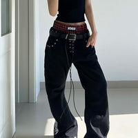 Retro Drawstring Babe Color-blocking Double Waistband Patchwork Print Curved Pants