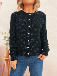Simple Flower Print Cardigan Commuter Round Neck Knitted Sweater