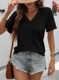 Womens V-neck Casual Waffle-knit Lace-panel Short-sleeve Top