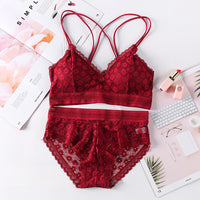 Fashion cross straps gather bra lace underwear set