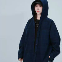 Spring New Men And Women Blue Plaid Hooded Long-sleeved Shirt