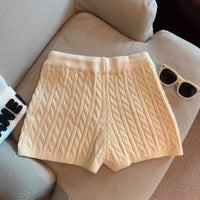Retro Minimalist Cable-knit Linen Shorts With Elastic Waist