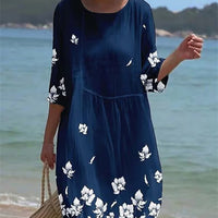 Women's Casual Round Neck Mid Sleeve Print Cotton And Linen Dress