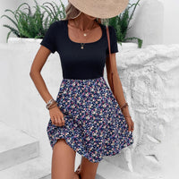 SpringSummer Printed High Waisted Fake Two Piece Short Sleeve Dress For Women