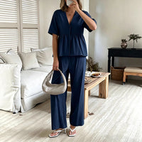V-neck Loose-fit Short-sleeve Top And Wide-leg Pants Two-piece Set