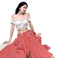 Youthful Red Plaid Skirt With Designer Flair Versatile Two-Way Skirt Set With A Strappy White Backless Top