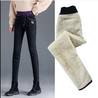 Outer wear warm stretch and fleece elastic waist jeans