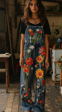 Art Oil Painting Plant Floral Print Jeans Jumpsuit