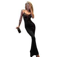 Solid-color Sleeveless Sexy Lace-spliced Slip Bodycon Maxi Dress