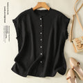 Womens Ruffle-Trimmed Cotton-Linen Sleeveless Shirt