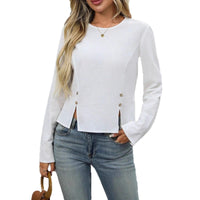 Round Neck Button Decoration Slit Simple Versatile Top