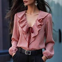 Womens Fashionable Casual Small-Plaid Layered Shirt