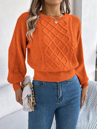 Solid Color Cable Knit Lantern Sleeve Cinched Pullover Sweater