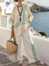 Summer Striped Suits Loose Batwing Sleeve T-shirt And Solid Straight-leg Pants