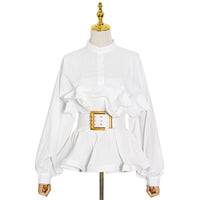 Stand Collar Long Sleeve Pleated Ruffled Sneaky Design Lace-up Top