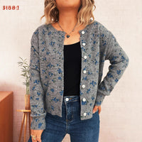 Simple Flower Print Cardigan Commuter Round Neck Knitted Sweater