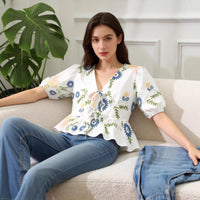 Floral V-neck Drawstring Ruffled Hem Top