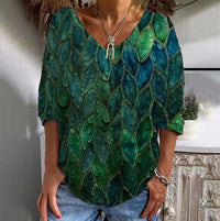 Womens Loose-fitting Geometric-print V-neck Long-sleeve Top