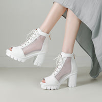 Womens Plus Size Mesh Peep Toe Chunky Heel Sandals With Thick Soles And High Heels
