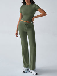 SpringSummer Elegant Solid Color Crew Neck Short Sleeve Top And Pants Set