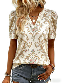 New Printed V-neck Puffed Short-sleeve Casual Fashion Top