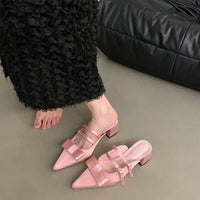 French Elegant Closed Toe Mule Slippers Outdoor Wear, 2026 Summer New Fairy Style Bow Block Heel Loafers Women Shoes