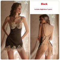 Autumn Winter Sexy Lace Sweet Pajamas Plus Chest Pad Satin Slip Nightdress