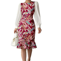 Color-block Lantern-sleeve Waist-cinched Elegant Mermaid Dress