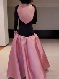 Black Knit Backless  Satin Ball Gown Maxi Dress