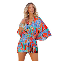 Women's Printed V-Neck Short Sleeve Loose Casual Jumpsuit