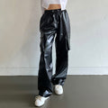 Street Pocket Tooling Leather Straight Leg Pants Elastic Waist Wide Punk Texture