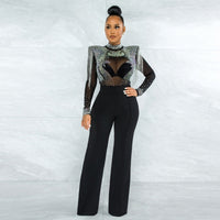 Arrival Hot-Stone Embellished Tassel-Trimmed Shoulder Design Sheer Polyester Mesh Patchwork Jumpsuit