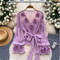 French-style Soft-aura Blouse With Flared Sleeves And 3D Floral Detailinglightweight And Delicate