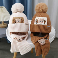Children Hat Women's Knitted Keep Baby Warm Cartoon Bear Two-piece Set