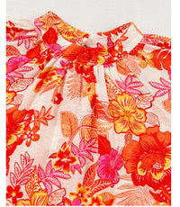 Orange Floral Print Pearl Button Keyhole Long Puff Sleeve Blouse