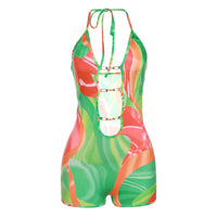 Women's Fashion Backless Printed Low-cut Hollow-out Jumpsuit