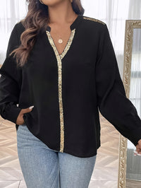 V-neck Loose-fit Sequin Patchwork Fashionable Shirt Top