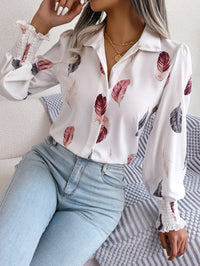 Women's Elegant Feather Lantern Sleeve Lapel Shirt