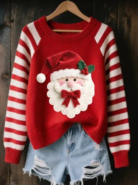 3D Digital-Print Womens Crew-Neck Loose Retro Jacquard Pullover Sweater