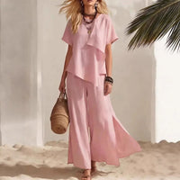 Casual Asymmetrical Short-sleeve Top And Slit Wide-leg Pants Set